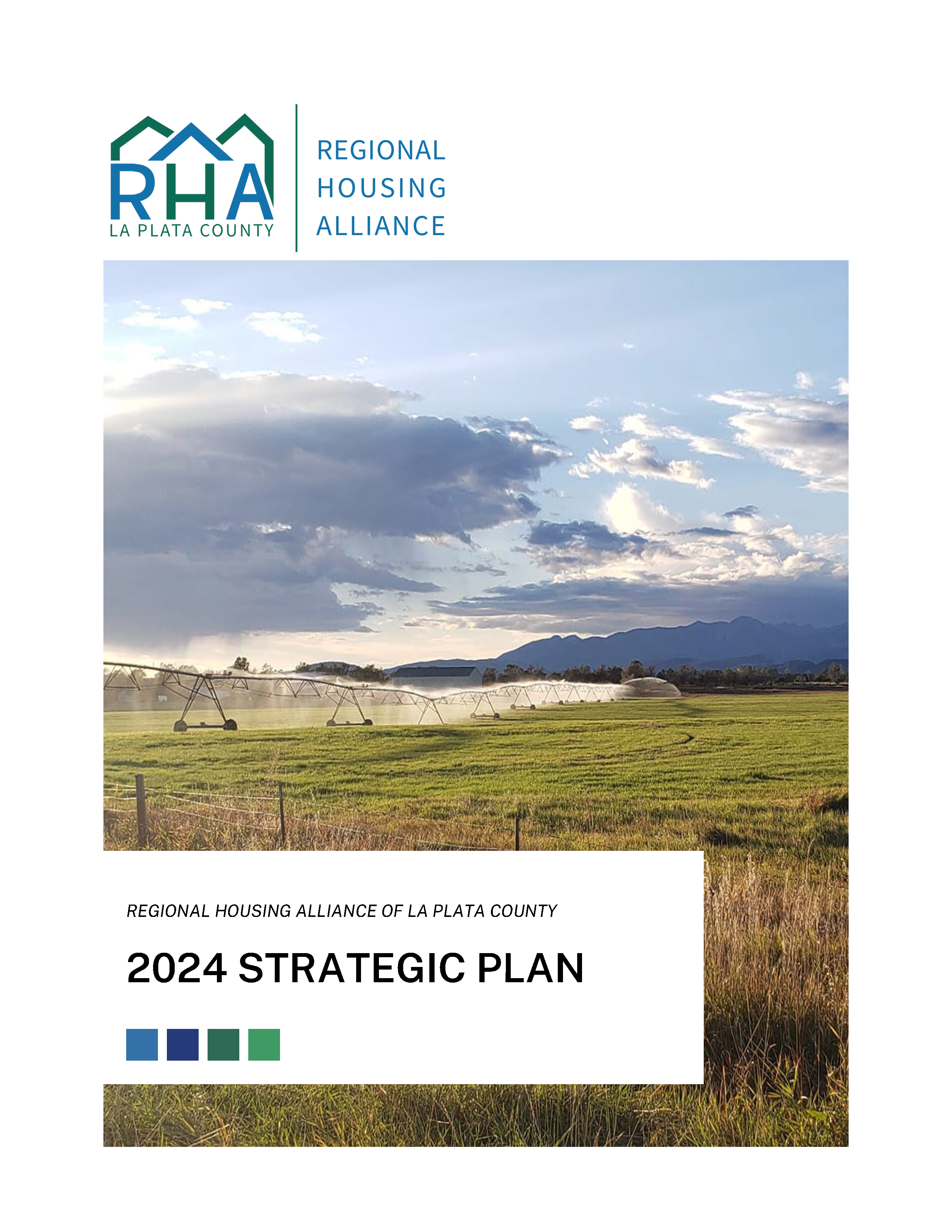 Cover page of 2024 Statetgic plan. Includes RHA logo and field being irrigated.