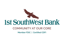 Logo with red hawk silhouette and text that reads "first southwest bank, community at our core. Member FDCI Certified CDFI"