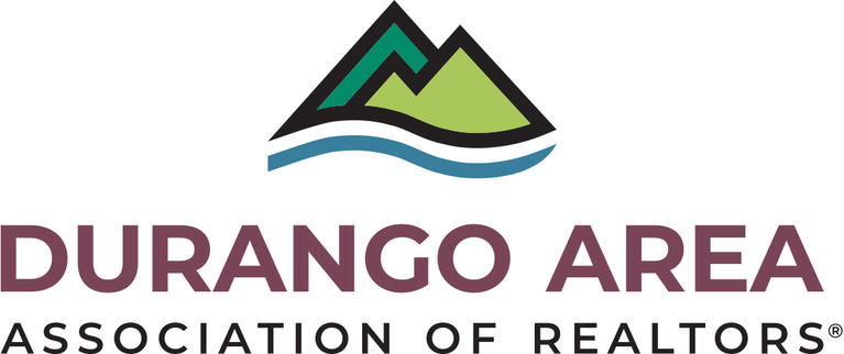 Logo with two green mountains and blue river that reads "Durango Area Association of Realtors"