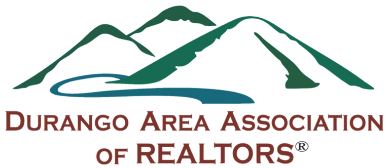 Text saying Durango Area Association of Realtors with illustrated outline of mountains above.